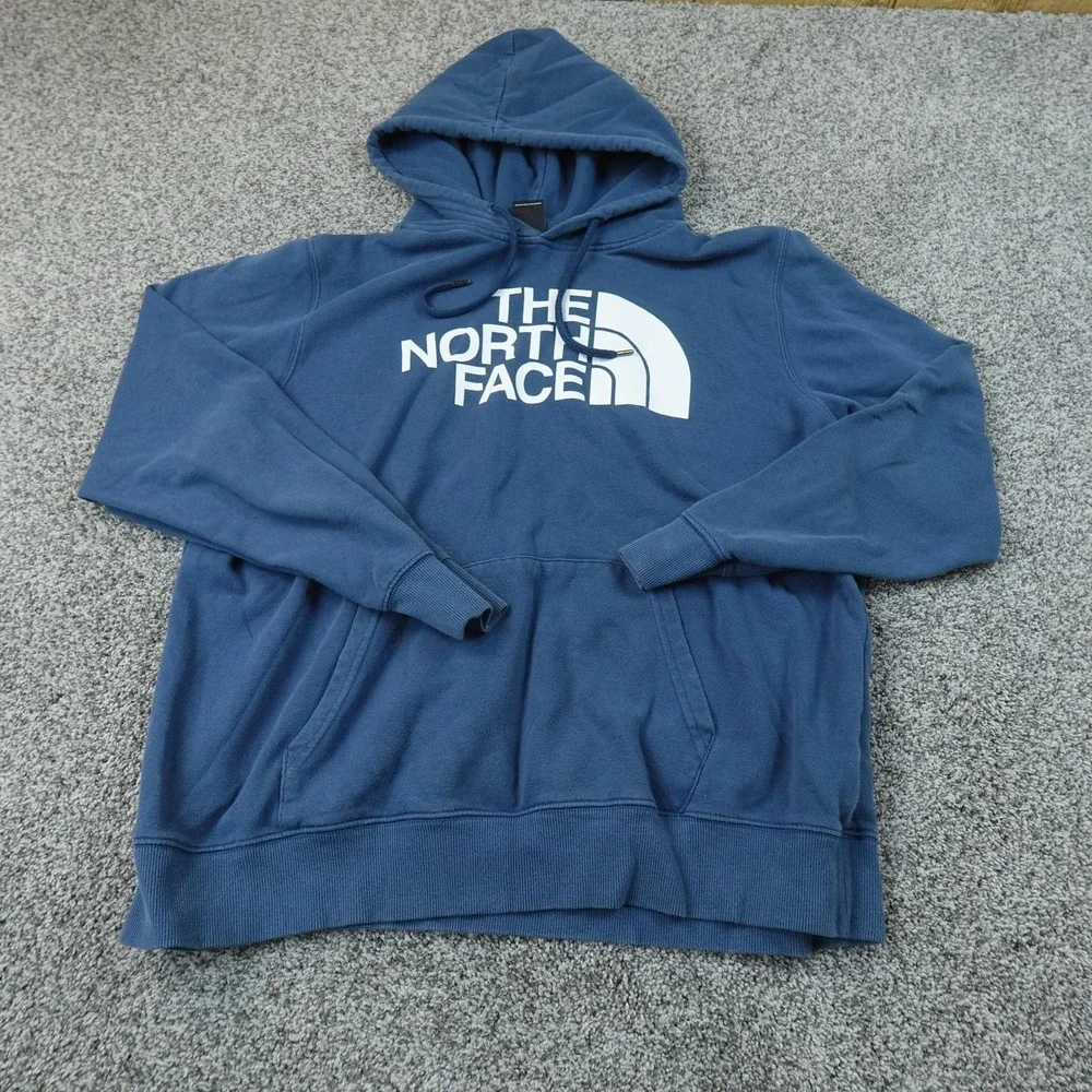 North Face Hoodie Mens XL Blue Logo Fleece Pullover Sweatshirt Sweater Outdoor
